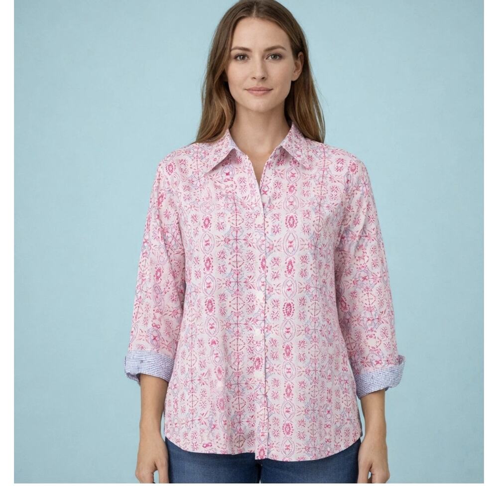 Foxcroft Size XXL Button Down Floral Print Collared 3/4 Sleeve Easy Care Shirt